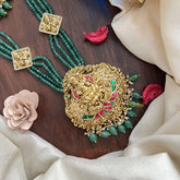 Vriksham Lakshmi Pendant Green Beaded Mala Jadau Long Neckpiece-Green Bead-J2996